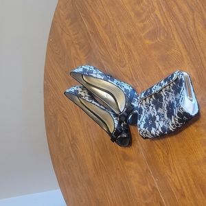 Ann Taylor black lace peep toe heels with matching clutch